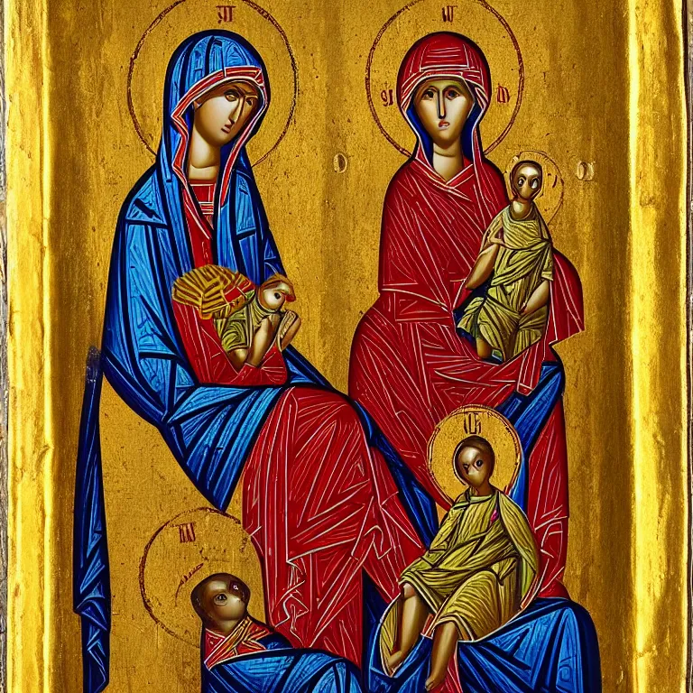 Prompt: byzantine icon depicting mary holding a divine shiba inu god