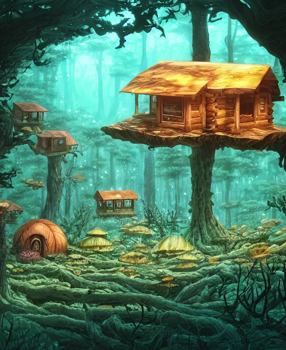 Prompt: a whimsical cabin made from isopods, overgrown with huge rare fungus, deep in the woods, by dan mumford, yusuke murata, makoto shinkai, ross tran, underwater, hellish, cinematic, unreal engine, cel shaded, featured on artstation, pixiv