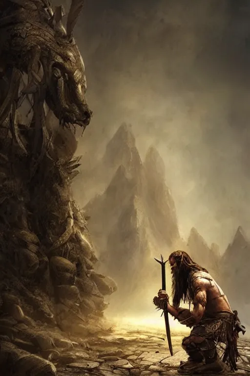 Image similar to aesthetic digital illustration of a defeated viking warrior on his knees by anne stokes, greg rutkowski, and brian belle din | dirty and bloody, concept art, character concept, matte background, golden ratio, rule of thirds, golden hour lighting, unreal engine, finalrender, centered, deviantart, artgerm