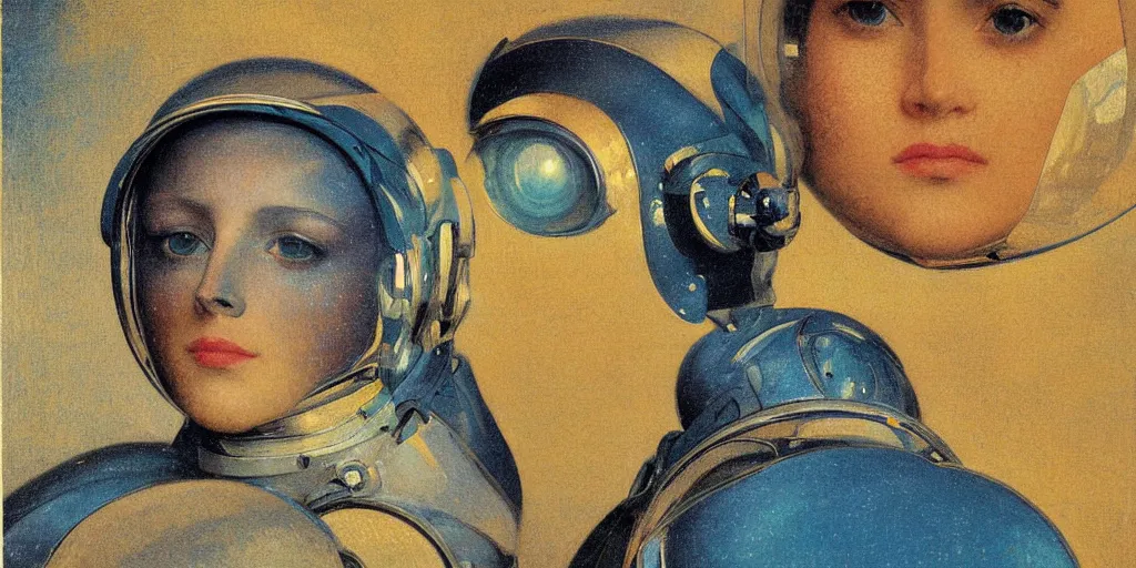 Image similar to portrait of a beautiful chrome female robot wearing a space helmet, lush lips, big eyes, reflections, mirroring, stars in space, warm azure tones, heavy lensflare, color bleed, film grain, depth of field, jules bastien - lepage, rudolph belarski, johfra bosschart, alexandre cabanel