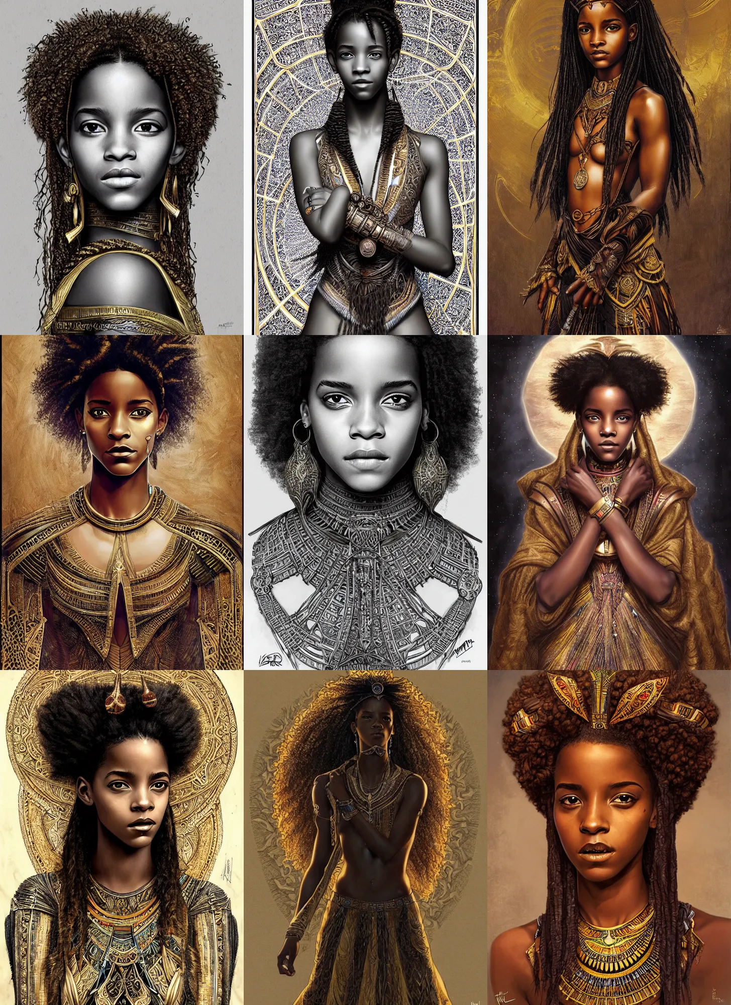 Prompt: black african emma watson willow smith symmetrical portrait, egyptian princess, afro hair, intricate, highly detailed, artstation, concept art, sharp focus, illustration, orientalism, edwin long, aleksi briclot, mucha