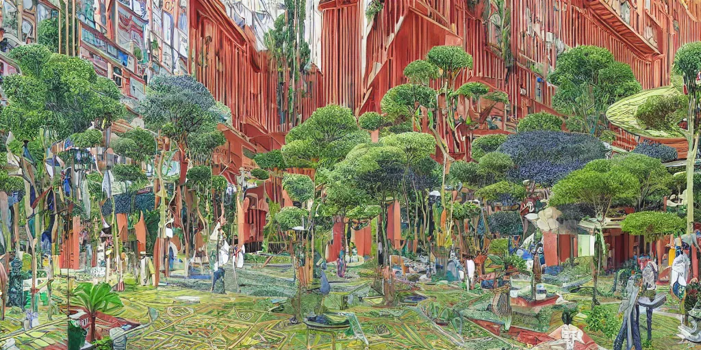 Prompt: masterpiece, graphic illustration of afro futurist florence courtyard designed by by frank lloyd wright architect, plants and trees on walkways low buildings, green energy, bicycles,, bill sienkiewicz, plants trail from balconys, abstract mirrored sculptures, insanely detailed and intricate