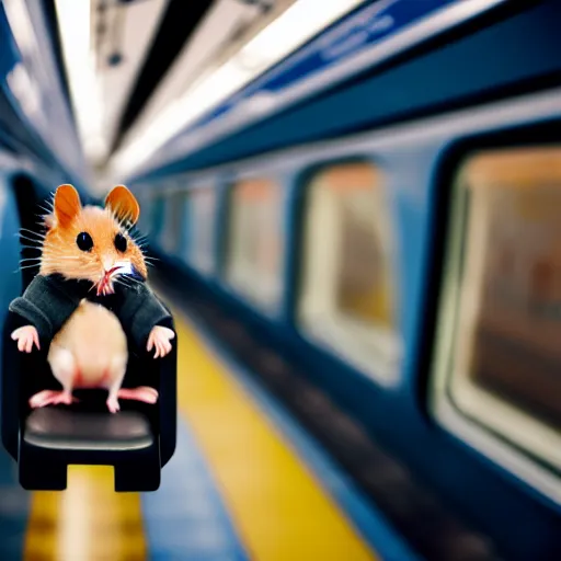 Prompt: photo of a metro train interior, a tiny hamster is sitting on a seat, various poses, unedited, soft light, sharp focus, 8 k