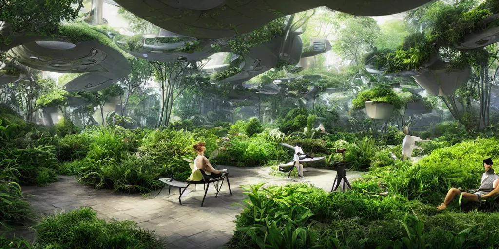 Prompt: a holodeck garden, beautiful and lush, with people lounging in chairs wearing vr headsets and eeg caps, wonderfully zen atmosphere, digital concept art, octane render 1 6 k, incredible masterpiece, futuristic and amazing