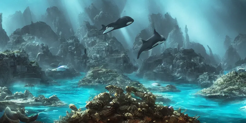 Prompt: civilization underwater created by orcas, submerged city made with coral and rock by killer whales, epic fantasy scifi illustration unreal engine awe inspiring enviroment