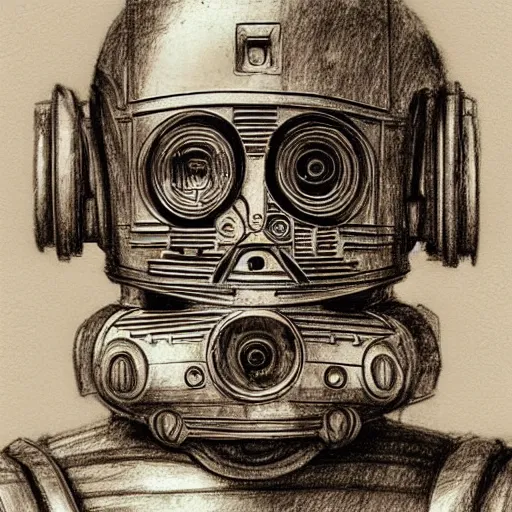 Image similar to a pencil sketch by leonardo davinci of the droid c 3 po, machine, sketch, da vinci, old masters, paper,