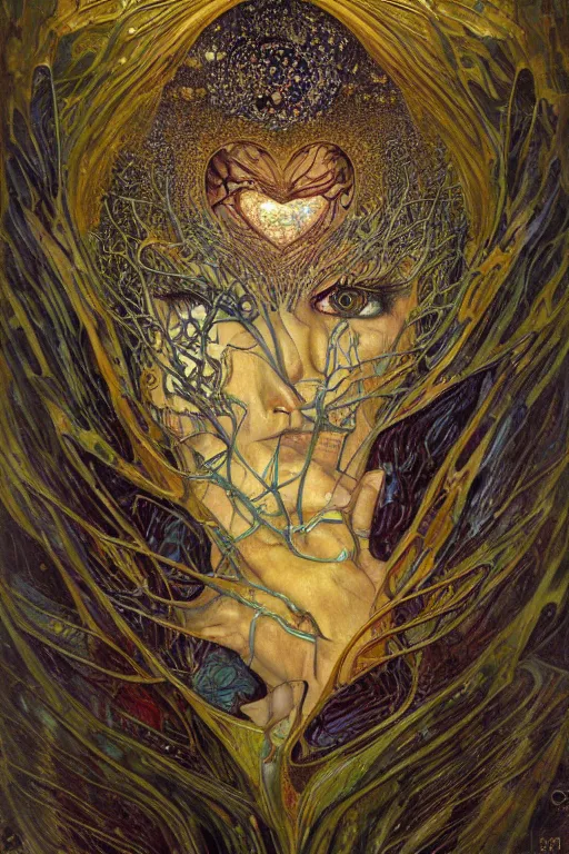 Image similar to Heart of Thorns by Karol Bak, Jean Deville, Gustav Klimt, and Vincent Van Gogh, otherworldly, fractal structures, arcane, prophecy, ornate gilded medieval icon, third eye, spirals