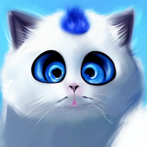 Image similar to cute kitty as a cloud, fluffy, white fur, blue eyes, pixar, concept art, digital art, painting