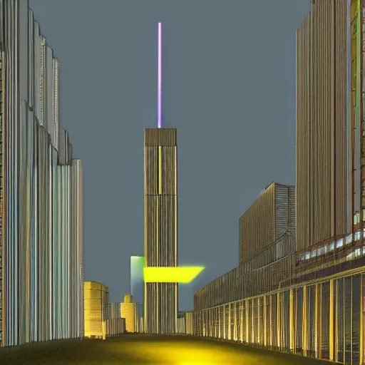 Prompt: defined by dan flavin rendered in rtx. art installation. a cityscape in which tall, imposing buildings loom over a small city park. the scene is suffused with a eerie, light, & the overall effect is one of foreboding & menace.