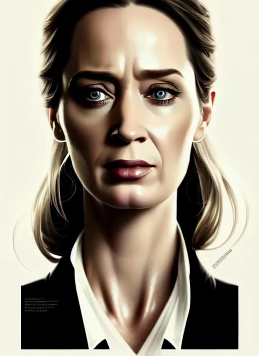 Image similar to portrait of emily blunt as business woman, black suit, white shirt, black tie, intricate, headshot, highly detailed, digital painting, artstation, concept art, sharp focus, cinematic lighting, illustration, art by artgerm and greg rutkowski, alphonse mucha, cgsociety