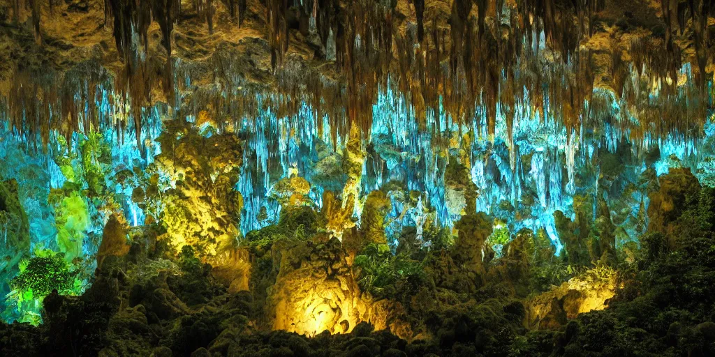 Prompt: stalactite cave with (lush) vegetation, ((shiny)) bioluminescent diamonds and light shining through, highly detailed