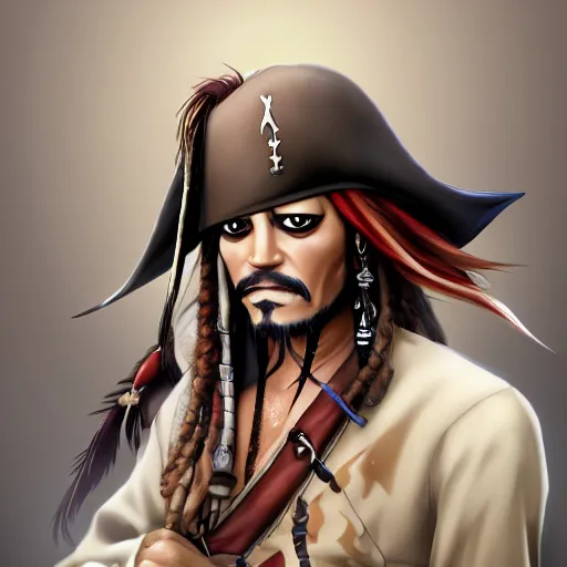 Image similar to portrait of captain jack sparrow, anime fantasy illustration by tomoyuki yamasaki, kyoto studio, madhouse, ufotable, trending on artstation