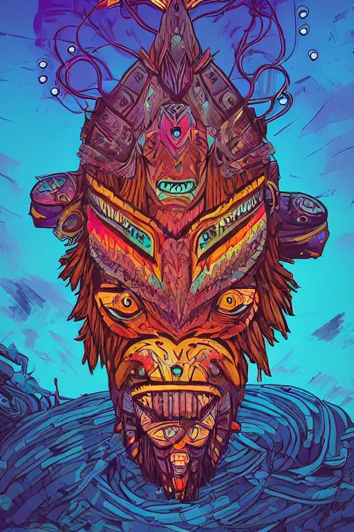 Image similar to totem animal tribal chaman vodoo mask feather gemstone plant wood rock video game illustration vivid color borderlands by josan gonzales and dan mumford radiating a glowing aura