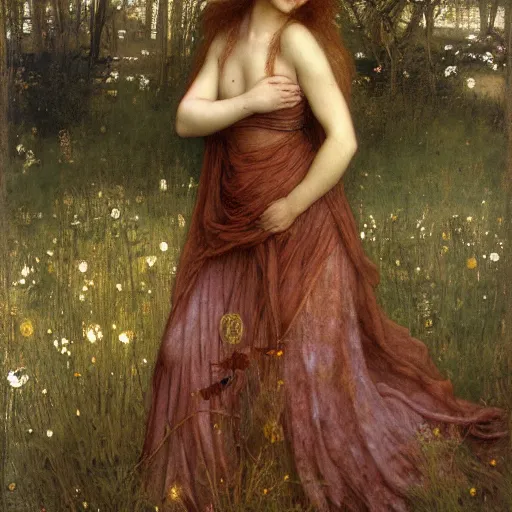 Image similar to beautiful pre - raphaelite woman, flower halo, flowing gown with empire waist in a wildflower meadow, floating leaves, fairys and flower petals in background, painterly, briar patch, thorns, dreamy, painted by jeremy mann, edward burne - jones, and john everett millais, alma tadema, ethereal, stunning, god rays, detailed