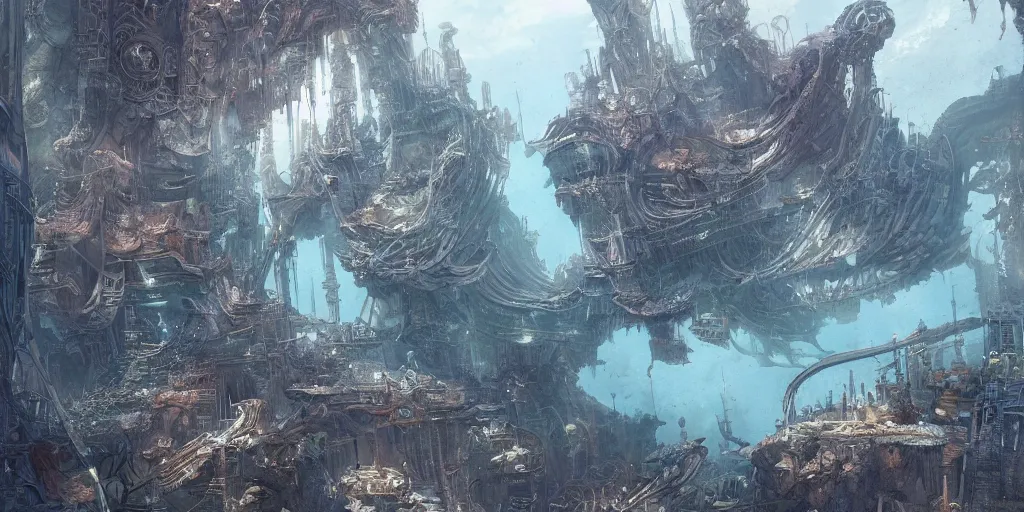 Prompt: masterpiece artwork of a underwater city, hyper detailed, art, trending in artstation, behance, deviantart, art style by kim jung gi and greg rutkowski