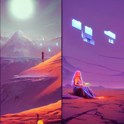 Image similar to a fantastic hyperdetailed 3 d matte painting of a female - cybernetic sorceress under the arctic moonlight, by moebius by beeple by vanessa lemen by paul lehr by dan mumford