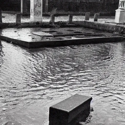 Image similar to The painting shows a grave that has been flooded with water. The grave is located in a cemetery in Italy. The water in the grave is dirty and there is trash floating in it. The grave is surrounded by a fence. by Paul Strand, by Gabriel Dawe curvaceous