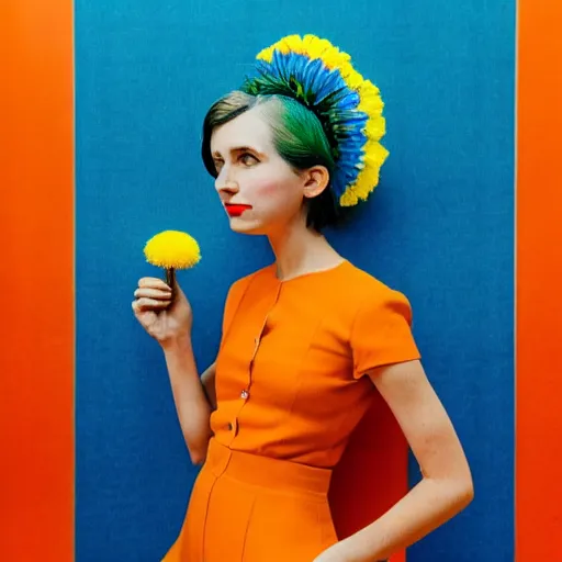 Image similar to giant flower head, frontal, girl standing in mid century hotel, surreal, symmetry, bright colors, cinematic, wes anderson