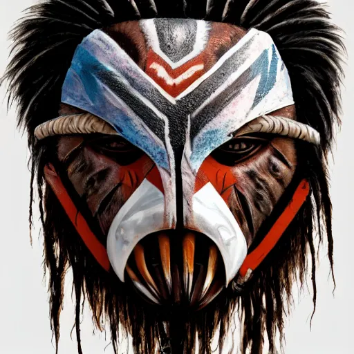 Prompt: painting portrait of a native american wearing a predator face mask from the predator movie, artstation, ultra detailed