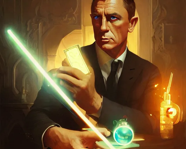 Image similar to james bond using a laser gadget, deep focus, d & d, fantasy, intricate, elegant, highly detailed, digital painting, artstation, concept art, matte, sharp focus, illustration, hearthstone, art by artgerm and greg rutkowski and alphonse mucha