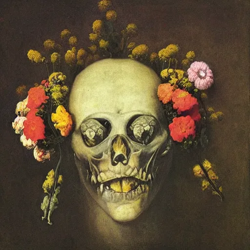 Image similar to a severed head with flowers and plants growing, by Odd Nerdrum, by Francisco Goya, by M.C. Escher, beautiful, eerie, surreal, colorful