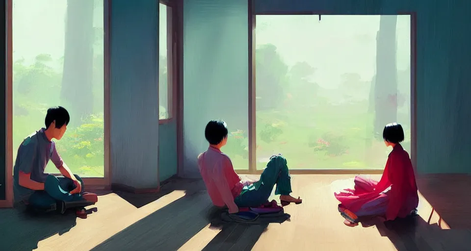 Image similar to wide shot of asian couple looking at each other, sitting in rural living room, group of table fans placing around the room, day light, colorful mood, digital illustration by kyuyong eom and ruan jia, artstation behance pinterest