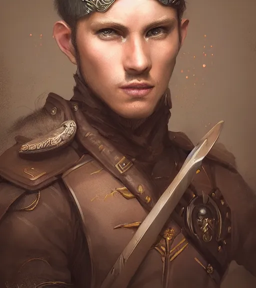 Image similar to portrait of male ranger, WLOP, James Jean, tom bagshaw, rococo, trending on artstation, glossy eyes, face, fantasy, intricate, elegant, highly detailed, digital painting, concept art, smooth, sharp focus, illustration, cinematic lighting, hyper realism, octane render, 8k, hyper detailed.