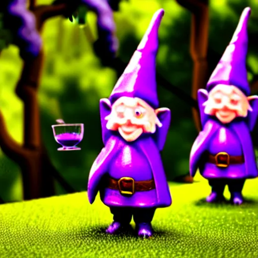 Image similar to purple gnome controlling spirits to fight off tree people in a winery. fantasy