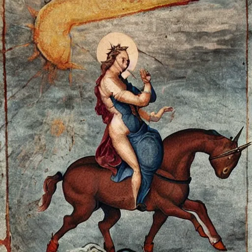 Prompt: elon musk riding a unicorn with a tesla logo in the style of the renaissance