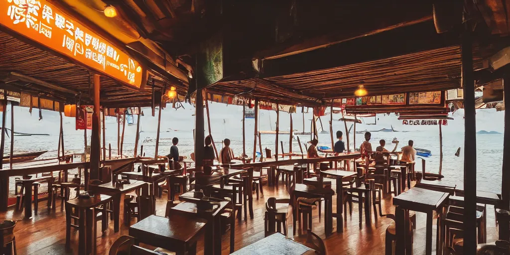 Image similar to interior of a kopitiam at pulau indah fishing village, near a jetty, early morning, hyperrealistic, detailed, low angle view, telephoto lens, bokeh, studio ghibli, artstation