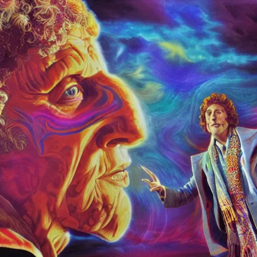 Image similar to tom baker using his scarf to fly, psychedelic, clouds, 4 k, intricate high details, sharp, 1 9 7 7, photo realistic, matt finish, realistic shadows, psychedelic