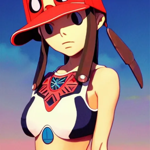 Image similar to beautiful boyish natalie portman gravure model in majora's mask, wearing wooden mask and baseball cap and leotard, street wear with subtle mayan patterns, aztec bathing suit, gapmoe yandere grimdark, trending on pixiv fanbox, painted by greg rutkowski makoto shinkai takashi takeuchi studio ghibli, akihiko yoshida