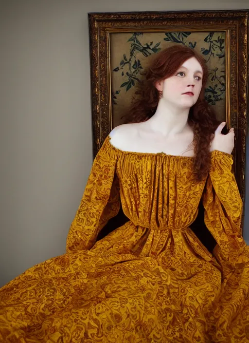 Image similar to preraphaelite portrait photography reclining on bed, framed, big brown fringe, yellow ochre ornate medieval dress, william morris, 4 k