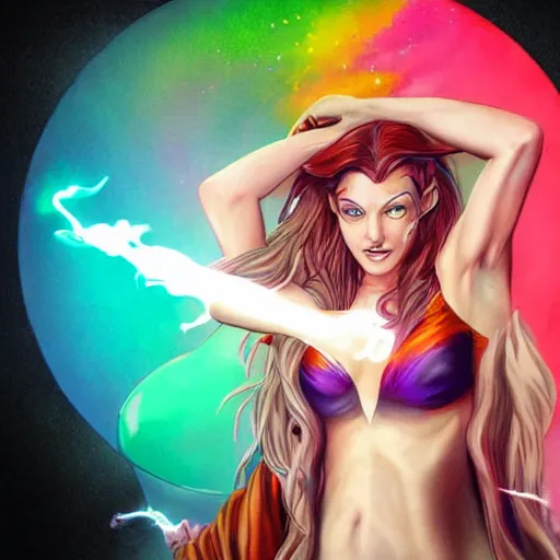 Image similar to sorceress by artgerm, brunette, casting a spell, rainbow coloured magic sparks, full body