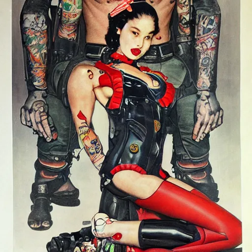 Prompt: super model cyborg girl with Japanese yakuza full body tattoo in future world, painted by Norman Rockwell