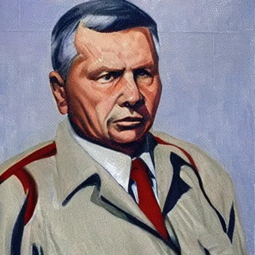 Image similar to a soviet propaganda painting of jarosław kaczynski