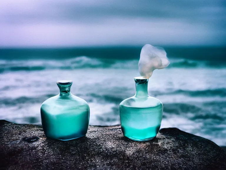 Prompt: cinestill 5 0 d photography of perfume bottle emerging from seafoam with marmelade sky / 4 style of nicholas fols, 2 0 0 mm, mute dramatic colours, soft blur outdoor stormy sea background, volumetric lighting, hyperdetailed, hyperrealistic
