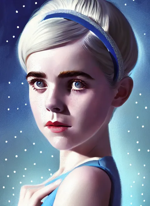 Image similar to portrait of kiernan shipka with freckles, white hair, big 1 9 6 0 s bob hairstyle with bangs and hairband, blue 1 9 6 0 s dress, intricate, elegant, glowing lights, highly detailed, digital painting, artstation, concept art, smooth, sharp focus, illustration, art by wlop, mars ravelo and greg rutkowski