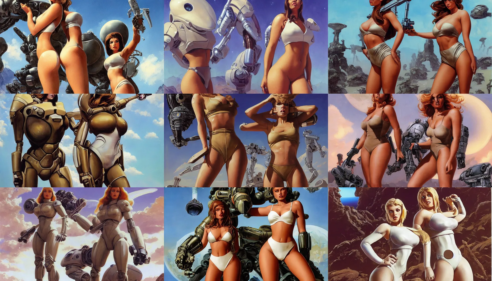 Prompt: A mixed media portrait painting of a very beautiful light-brown-hair woman on an alien planet, very curvy, aesthetic! high-waisted white-bikini-armor and boots, starship-troopers, bombshell, aesthetic symmetrical face and eyes, model, wet, pacific-rim-mech in background, by Frank Frazetta, Boris Vallejo, Beeple, Greg Rutkowski, Christian MacNevin, eighties pinup style, goddess, epic fantasy character art, high fantasy, CGsociety, exquisite detail, post-processing, masterpiece, cinematic