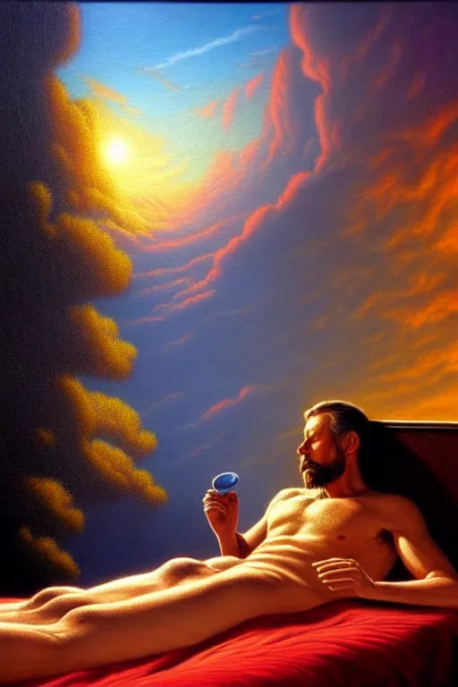 Prompt: a photorealistic detailed cinematic image of a man on his deathbed, looking at his own body. leaving it behind. emotional, by pinterest, david a. hardy, kinkade, lisa frank, wpa, public works mural, socialist