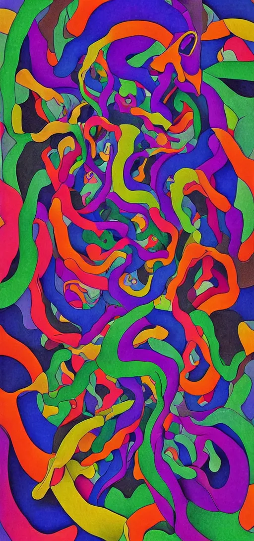 Prompt: a portrait of chaos overtaking the mind, vibrant colors, true, pure, digital art by M. C. Escher