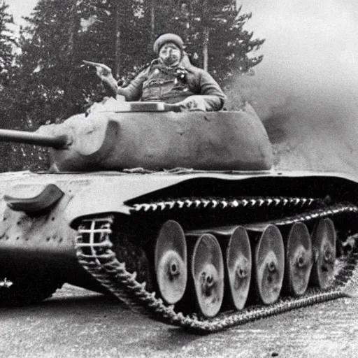 Image similar to old photograph of fat cat driving a world war 2 tank