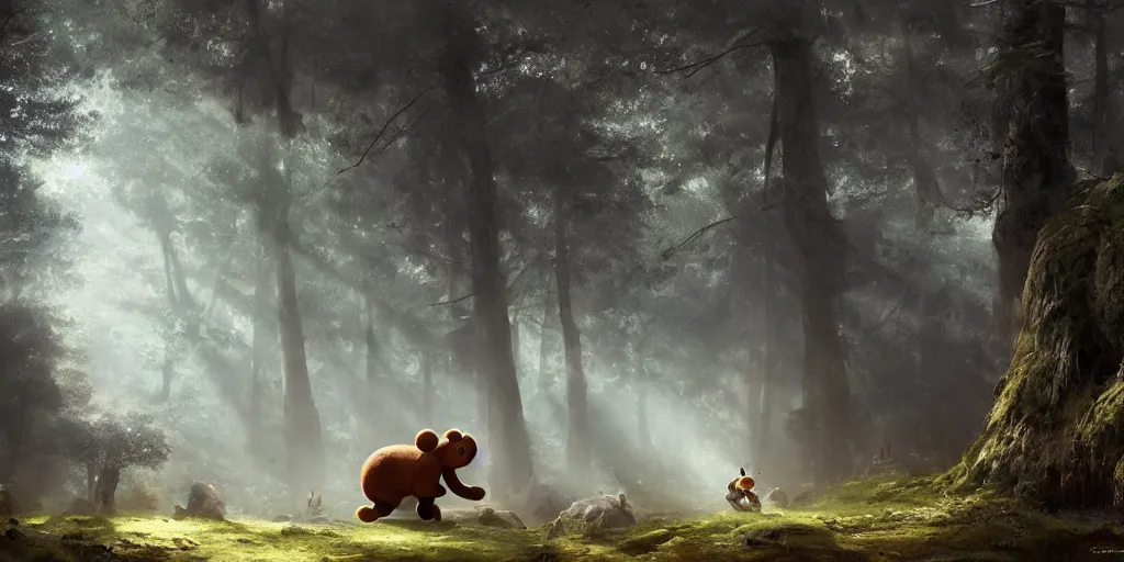 Prompt: a giant ant is riding a giant teddy bear in a forest, moody, cinematic light, art by Greg rutkowski, highly detailed, 8k