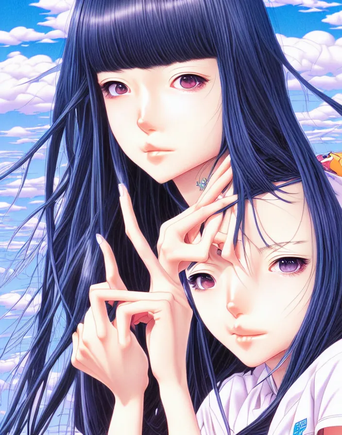 Prompt: extremely detailed color ink pen graphic novel  illustration of a dainty young truant female stoner prep highschool school student with medium length silky straight iridescent black hair and lightly suntanned skin, illustrated by Artgerm and Range Murata.