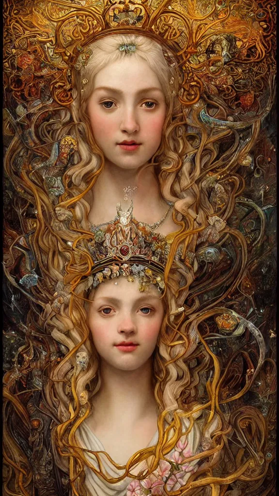 Prompt: breathtaking detailed soft painting of a female goddess with crown on top of a mountain, gauze dress of fireflies and art nouveau crown of embers, celtic culture, rembrandt style, detailed art nouveau stained glass of flames, christian saint rosace, elegant, highly detailed, artstation, concept art, matte, sharp focus, art by Tom Bagshaw, Artgerm and Greg Rutkowski