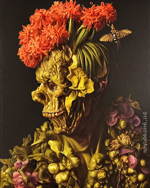 Image similar to oil painting portrait dark background of a mutant man with a strange disturbing face made of flowers and insects by otto marseus van schriek rachel ruysch christian rex van minnen dutch golden age dramatic lighting chiaroscuro