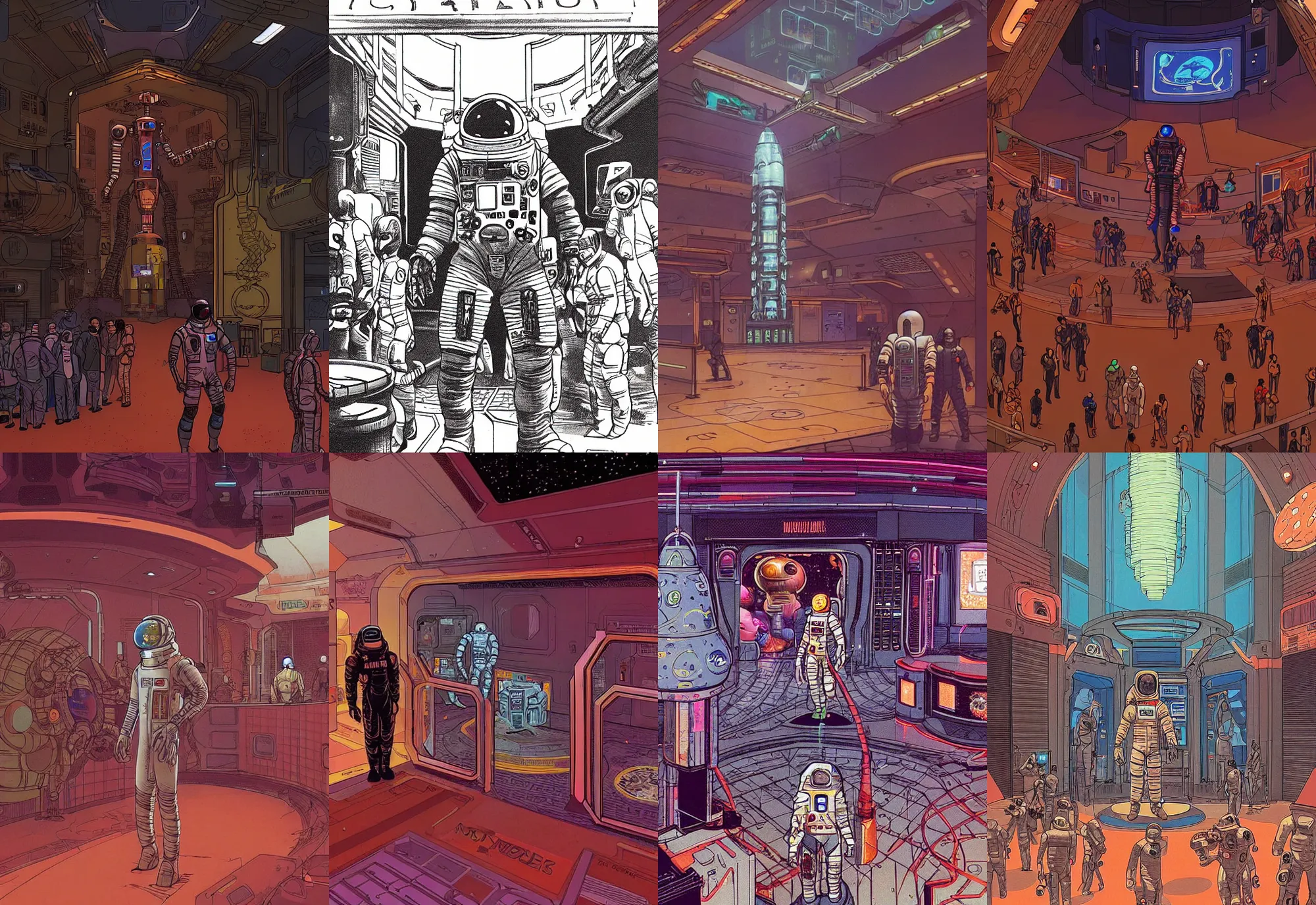 Prompt: an astronaut standing in the entrance to a bustling cyberpunk casino on mars, filled with people, robots, cyborgs, aliens, by moebius