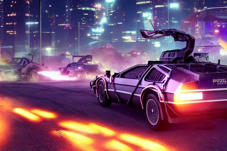 Image similar to photo of the back to the future delorean being chased by police on wet cyberpunk city streets at night, rocket league tank, mad max, action, speed, volumetric lighting, hdr, gta 5, makoto shinkai, syd mead, borderlands, fast and furious, octane, 8 k, iso 1 0 0, 1 2 mm