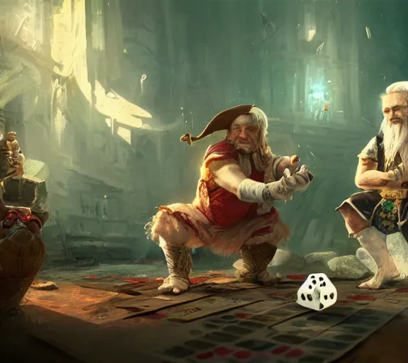 Prompt: a white haired dwarf and a pirate halfling gambling with dice near a creak, illustration by craig mullins, wlop, highly detailed, colorful, unreal engine, octane render, dramatic lighting, cinematic composition,