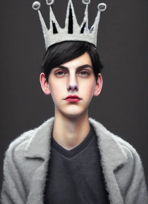 Image similar to portrait of teenage jughead jones wearing a light grey crown, photorealistic, crown made of felt fabric, crown, crown made of felt, black hair, intricate, elegant, highly detailed, digital painting, glowing lights, artstation, concept art, smooth, sharp focus, illustration, art by wlop, mars ravelo and greg rutkowski